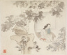 Hua Yan / Album of Landscape Paintings Illustrating Old Poems: Two Women Sit at a Table within a Circle Visible in a Landscape / 1700s