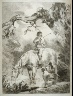 George Morland / Man on horseback in stream, horse drinking water  and dog watching them / 1792