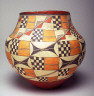 Unknown / Water vessel checkerboards & geometric patterns in black, orange, red on white / 1889 - 1903