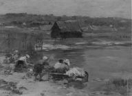 Washerwomen at the edge of a pond.
