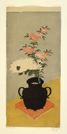 White chrysanthemums and pinks in a black vase