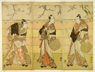 Three komuso monks: the actors Ichikawa Ebizo (Danjuro V) as Kudo Suketsune (right), Ichikawa Monnosuke II as Soga no Juru Sukenari (center), and Ichikawa Omezo I as Soga no Goro Tokimune (left)