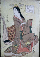 A Woman Representing Benten Seated Before a Biwa (from 'Fukujin Yatsushi Takara Awase')