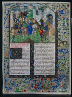 Leaf from Jehan de Courcy's Cronique Universelle, dite la Bouquechardiere: Meeting of Priam and Helen before the Gates of Troy