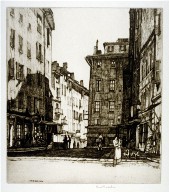 Untitled (European street scene, woman holding child in her arms in right foreground)