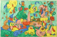 "Le banquet," plate II, between pgs. 20 and 21, in the book Ubu roi by Alfred Jarry (Paris: Tériade Éditeur, 1966)