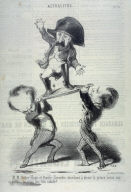Victor Hugo et Émile Girardin cherchent a élever le prince Louis sur un pavois, ça n'est pas très solide! no. 171 of the series Actualités published in Le Charivari 11 December 1848