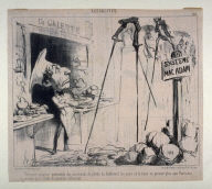 Fâcheuse situation des marchands de galette du Boulevard les jours où la boue ne permet plus aux Parisiens de circuler qu'à l'aide de grandes échasses. no. 165 of the series Actualités published in Le Charivari 11 July 1850