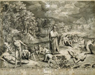 Propheta Ezechiel ex Mandato dei Ossa Arefacta Resurgere ac Reviviscere Tubet ( The Resurrection of Dry Bones), Ezekiel 37:1, from a group of Biblical illustrations printed by C. J. Visscher