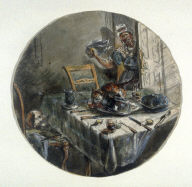 Untitled [Maidservant coming into a diningroom where cat and dog are making a mess]