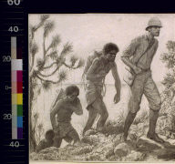 Man in sun helmet followed by natives bearing packs