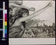 Woman with outstretched gesture and other spirits over townscape