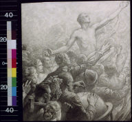 Man exhorting crowd toward light