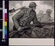 Soldier and companions advancing through barbed wire
