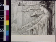 France as woman with outstretched hands with banners of liberty, equality, fraternity