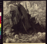 Two men with bowed heads in midst of war carnage