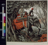 Hunter and native on elephant in jungle