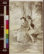 Man and girl in Colonial dress seated on circular bench surrounding a tree