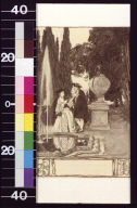 Man and woman beside fountain and urn with monkey atop