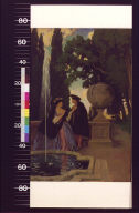 Man and woman standing beside fountain and urn with monkey atop