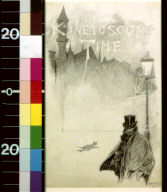 Man in top hat under lamppost with townscape in background