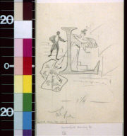 Woman in oversize dress and man on stairs and letter L