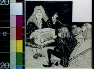 Man in periwig with hand organ standing in front of three men on a bench