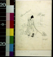 Lady with pet snail and man with sidewhiskers walking a sheep
