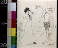 Father Time raising hands while woman grips hat