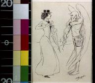 Father Time crossing arms and looking angrily at woman clasping umbrella