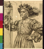 Man in medieval livery with slashed sleeves holding mace