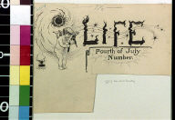Cherub lighting firecracker with torch as stars fly through word "Life"