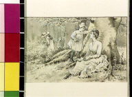 Two girls under big tree with mother
