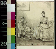 Woman sitting on sofa talking to child next to rocker