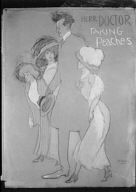 Drawing by Haig Patigian of Arnold Genthe accompanied by three young women entitled Herr Doctor taking peaches