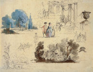 Sheet of Studies of Garden, Farm Buildings and Theater Stage Designs