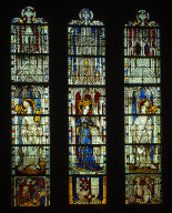 The Virgin Mary and Five Standing Saints above Predella Panels