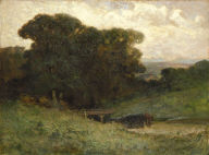Untitled (forest scene with bridge, cows in stream in foreground)