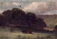Untitled (landscape with trees and two cows in meadow)