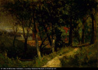 Untitled (landscape, forest scene with red fence and building)