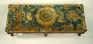 Knotted Pile Bench Cover showing Medallions, Squirrels, and Parrots on a Blue Ground