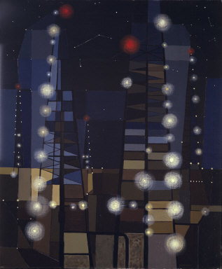 OIL DERRICKS AT NIGHT BY FORT WORTH ARTIST GEORGE GRAMMER (1952)