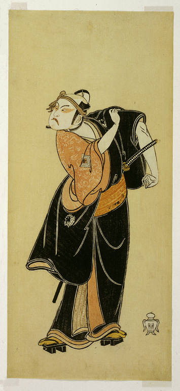 The actor Otani Hiroemon III as Hige no Ikyu, in 'Sukeroku,' part two of the play Hitokidori Harutsuge Soga (The Soga Play: Announcement of the Spring Season by the Bush Warbler)