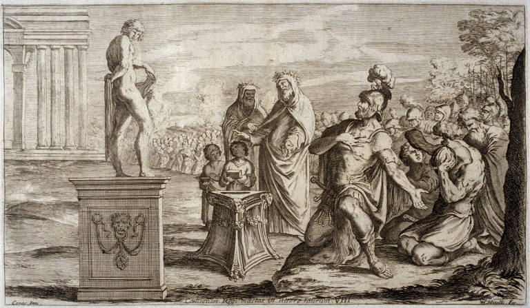 Aeneas offers a Sacrifice to Apollo, plate 8 of L'Enea Vagante Pitture dei Caracci (Wanderings of Aeneas Painted by the Carracci), from of a set of twenty prints after the paintings by Ludovico, Annibale, and Agostino Carracci in the Palazzo Fava, Bologna